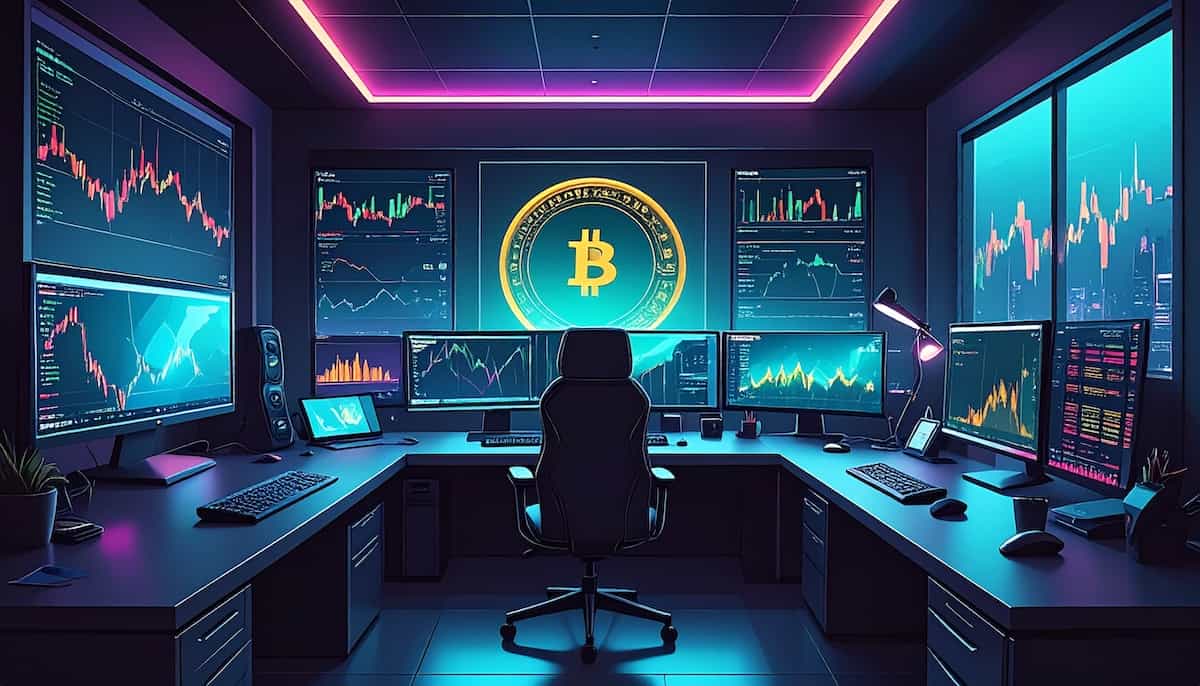 仮想通貨のシンボルが写っているデスク