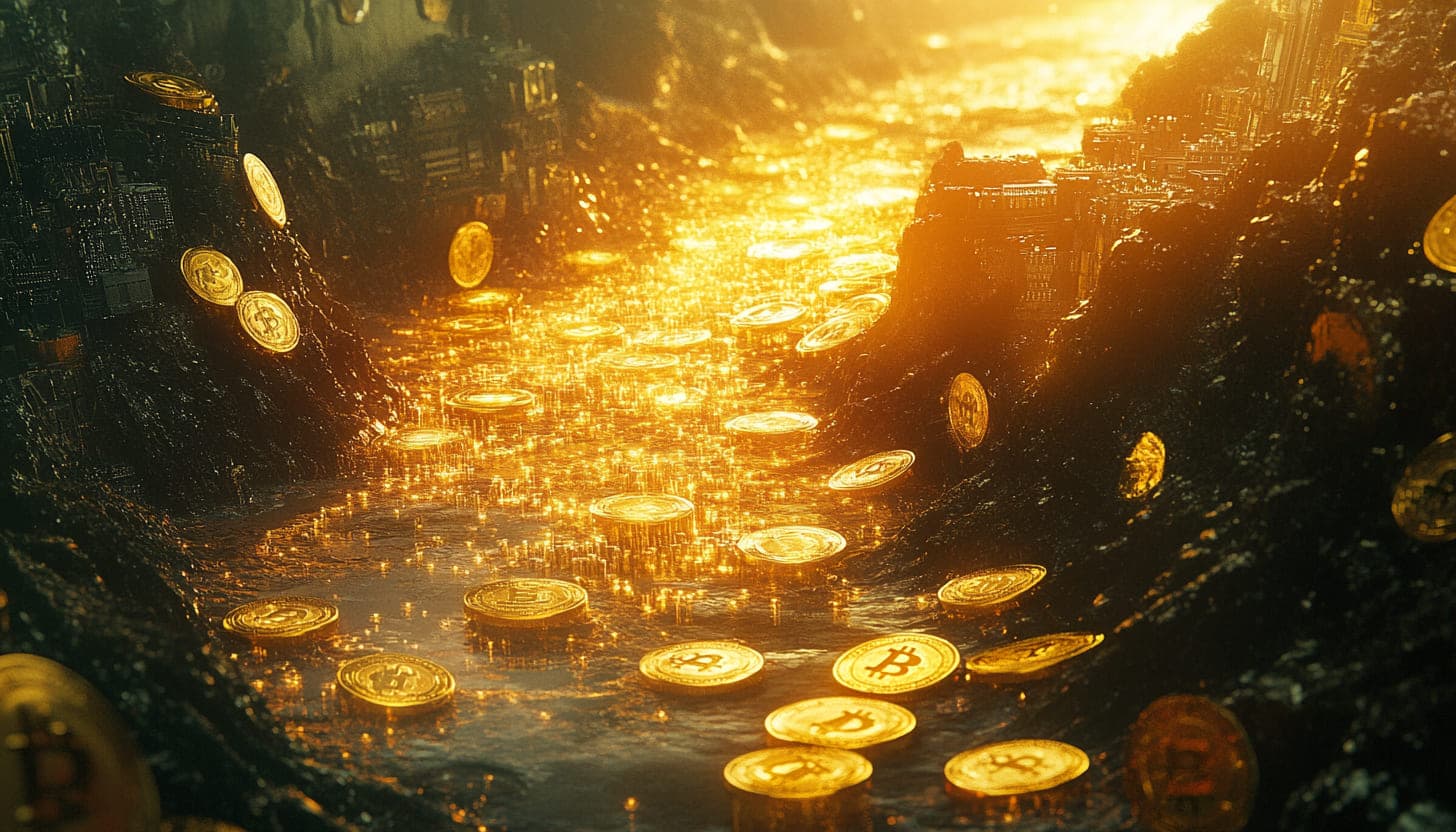 渓谷を流れる光り輝くビットコイン