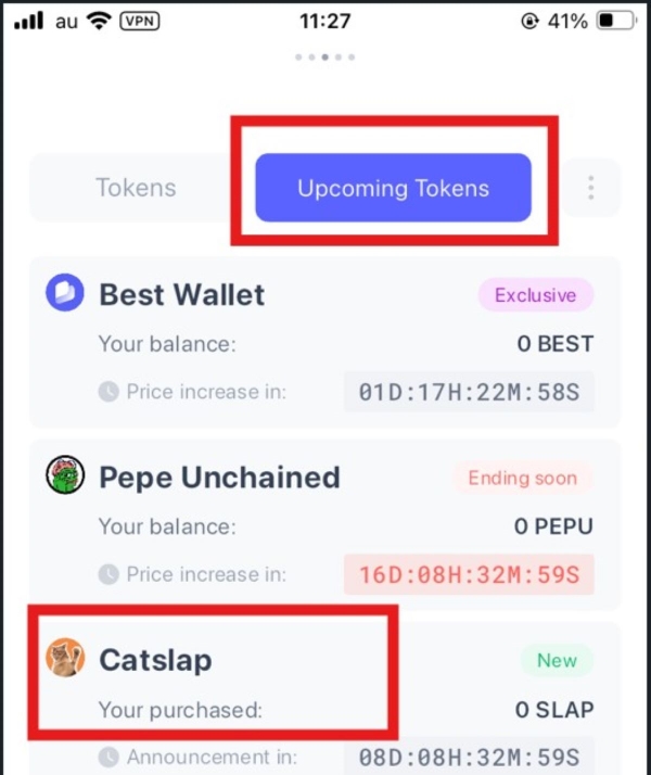 CatSlap Upcoming tokensの選択画面
