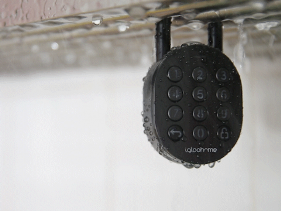 waterproof black padlock hanging, water drops