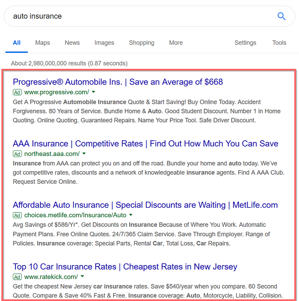 Ads on Google for auto insurance