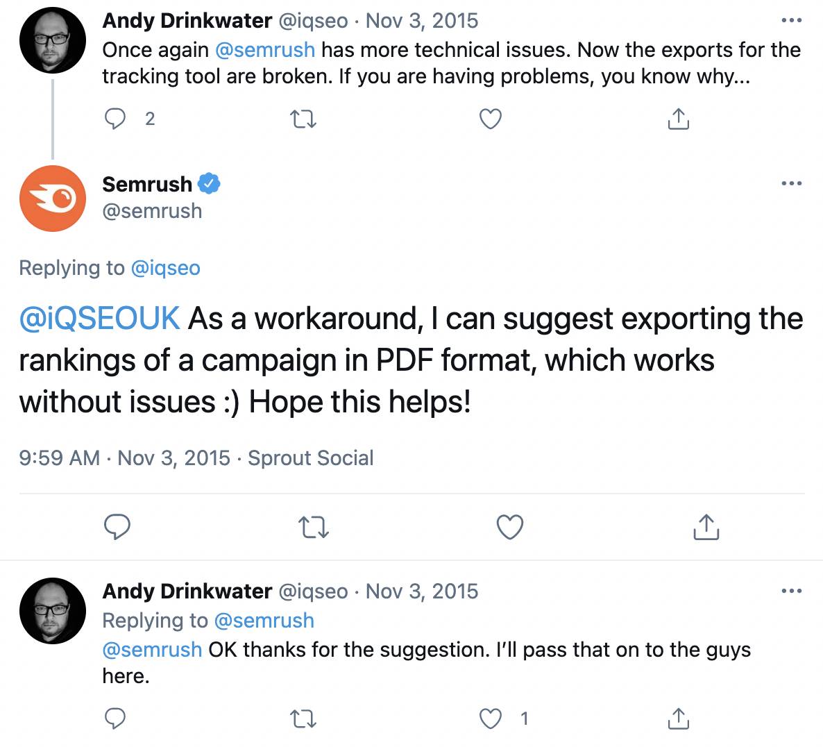 SEMrush replying to a suggestion