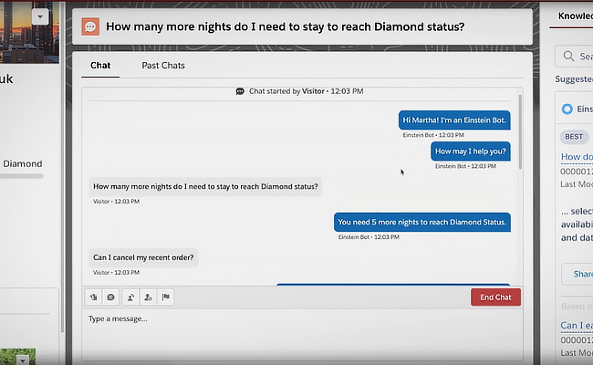 The Salesforce Einstein chatbot responds in a dialogue