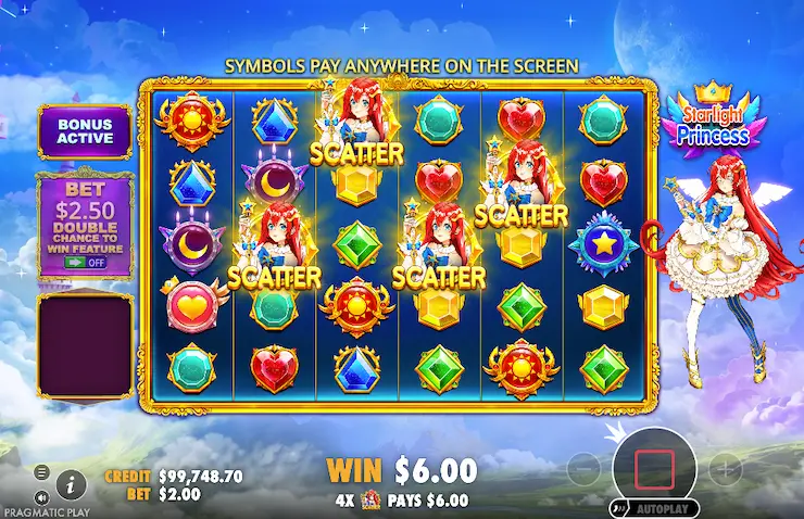 Free spins activated with 4 scatter symbols in the Starlight Princess slot