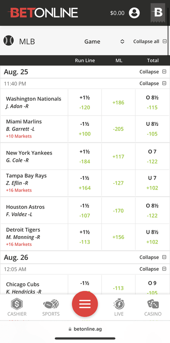 MLB odds and markets at BetOnline