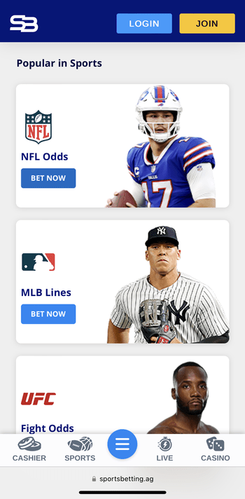 SportsBetting mobile homepage