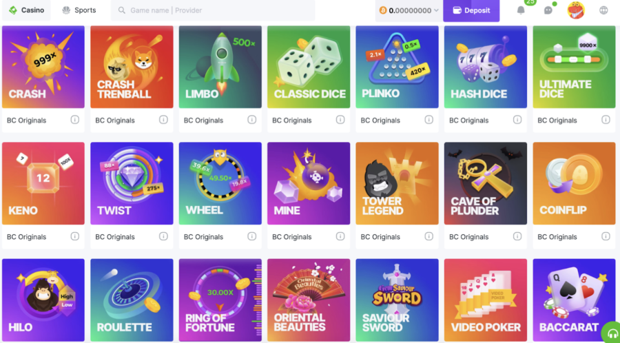 List of colorful casino game icons on BC.Game