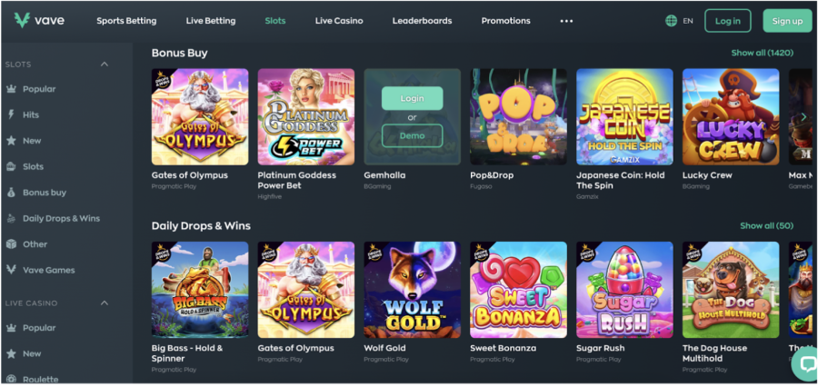 Slots on Vave for playing with bonus buy and daily wins. 