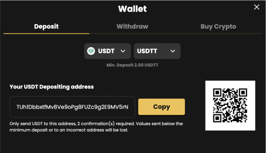 How to transfer crypto on Lucky Block, using USDT as an example, with deposit address and barcode. 