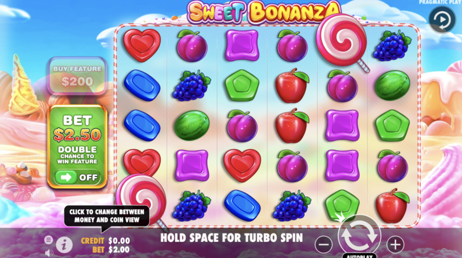 Colorful turbo spin game with images of fruits and candies, title is "Sweet Bonanza"