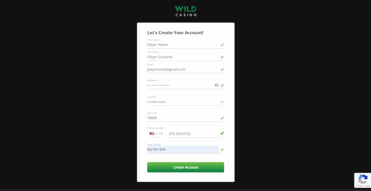 Wild Casino - Step 2 - Setting up your account