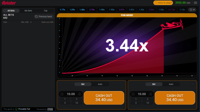 Aviator game with 3.44 multiplier