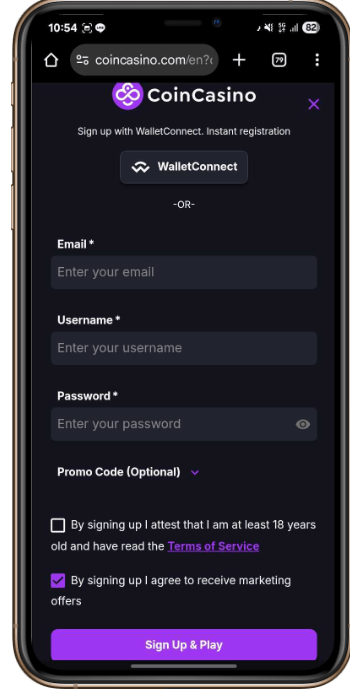 CoinCasino Sign Up Page