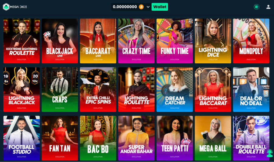 Large list of Mega Dice games with crypto wallet account on top. 