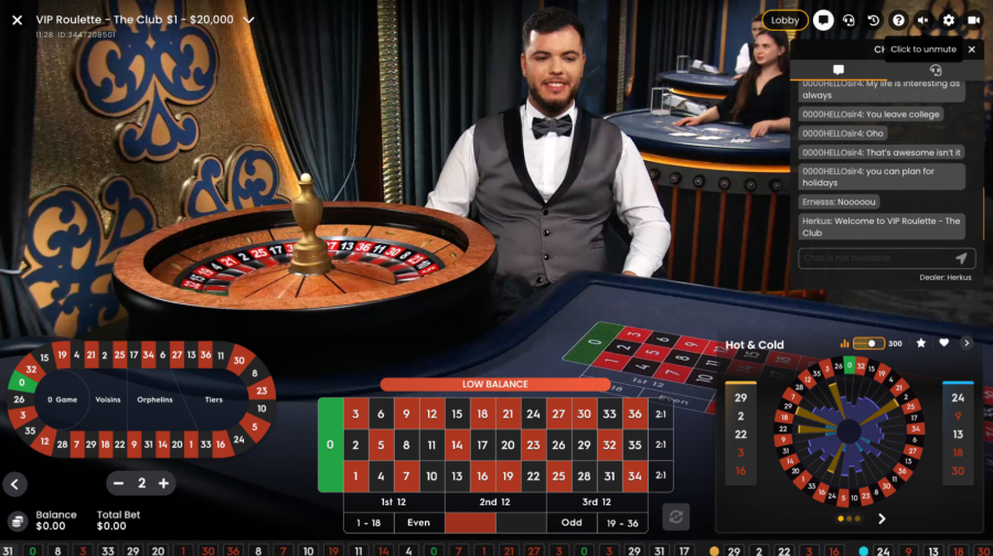 Image of a roulette game with dealer and betting options. 