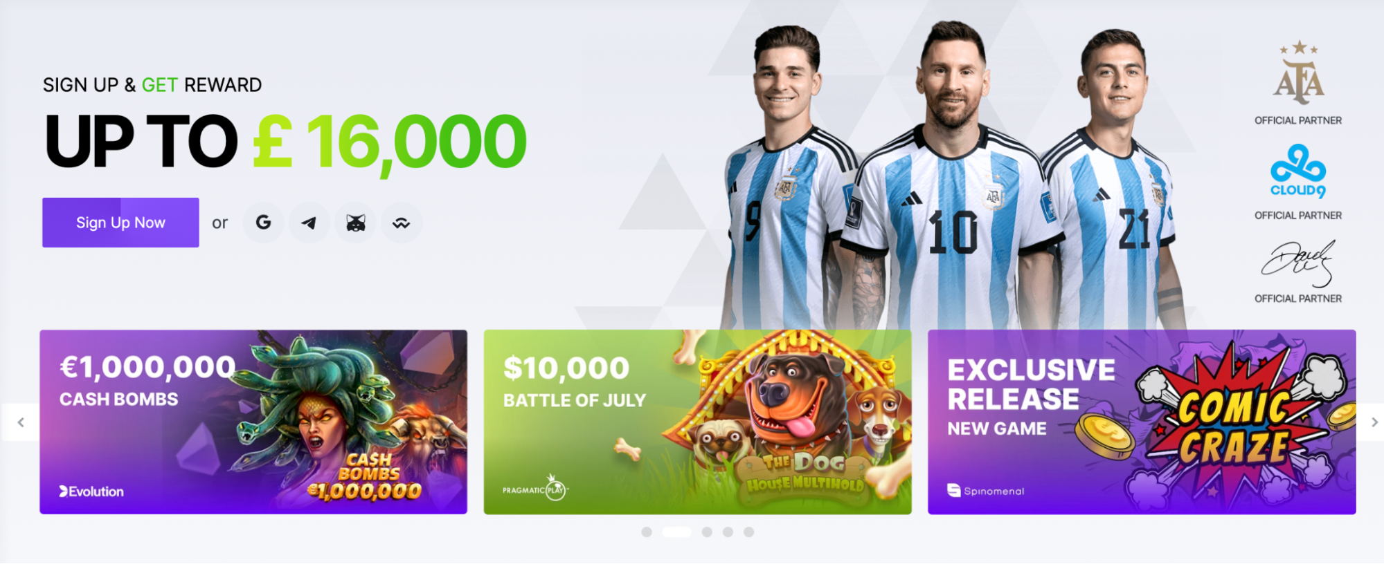 BC Game showcasing signup rewards with Argentine football players on display. 