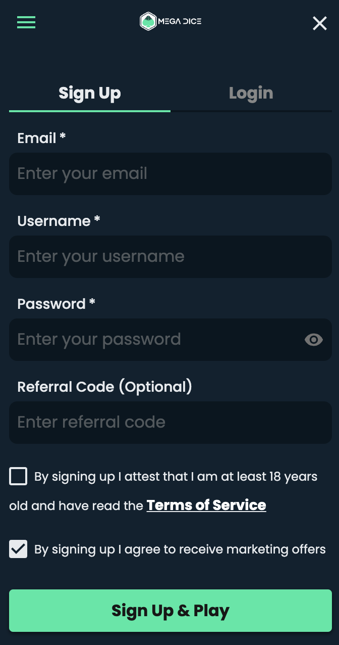 Mega Dice sign up with email, username, password, and referral code forms. 