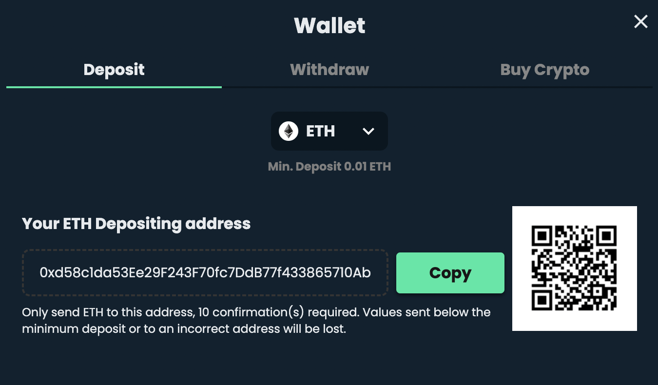 Mega Dice deposit options with ETH wallet address and bar code. 