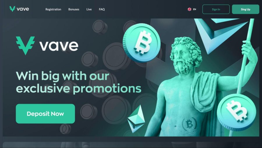 Vave Bitcoin Casino with deposit now button. 