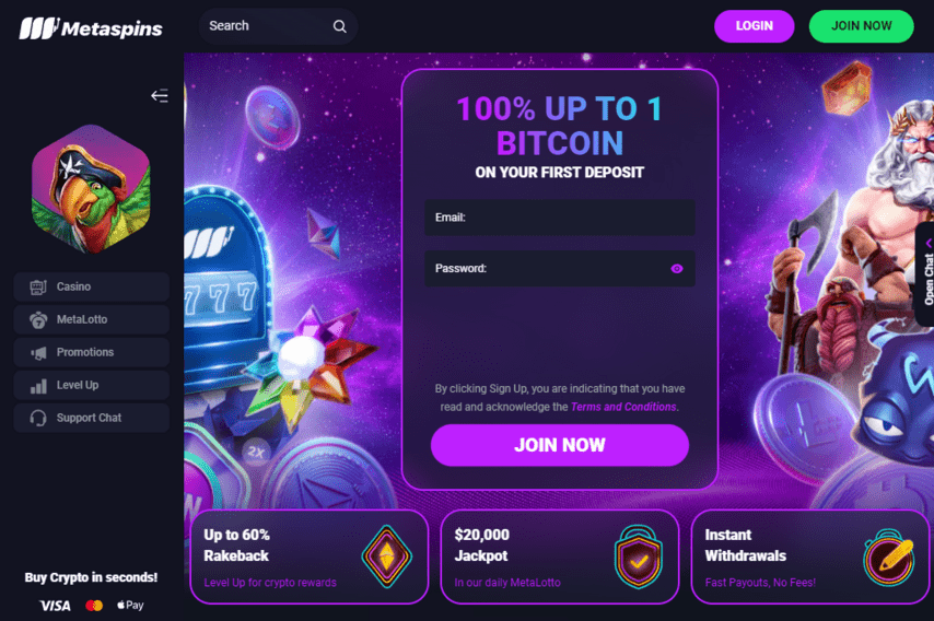 Metaspins casino homepage