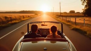 two people in card looking at sunset; summer season