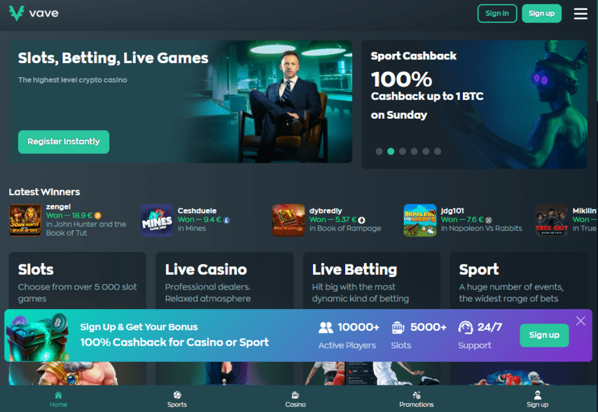Vave casino homepage