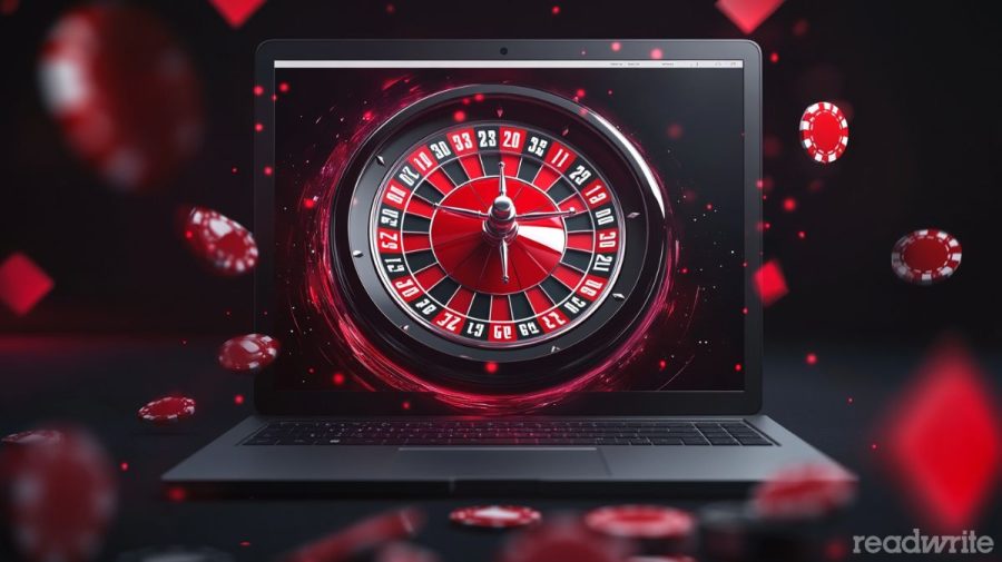 A laptop screen displaying a roulette wheel