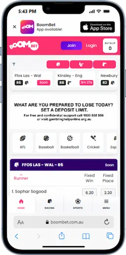 Screenshot of the Boombet app interface on a mobile device