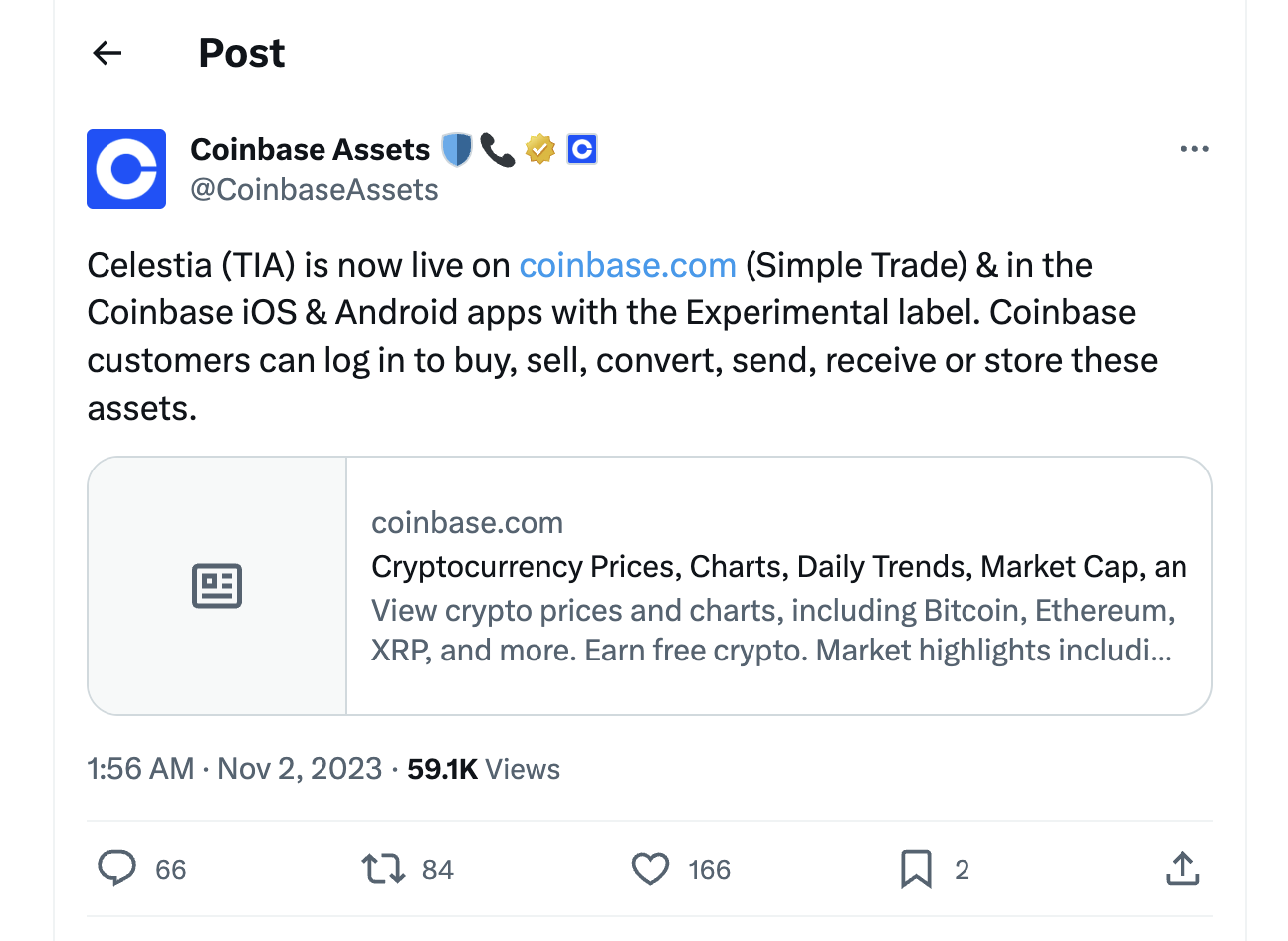 Coinbase listing announcement