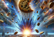 A whimsical AI-generated image of a cookie apocalypse. Edible cookies explode over a circuit board. The image represents the upcoming end of third-party cookies in Google Chrome