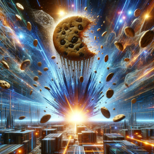 A whimsical AI-generated image of a cookie apocalypse. Edible cookies explode over a circuit board. The image represents the upcoming end of third-party cookies in Google Chrome