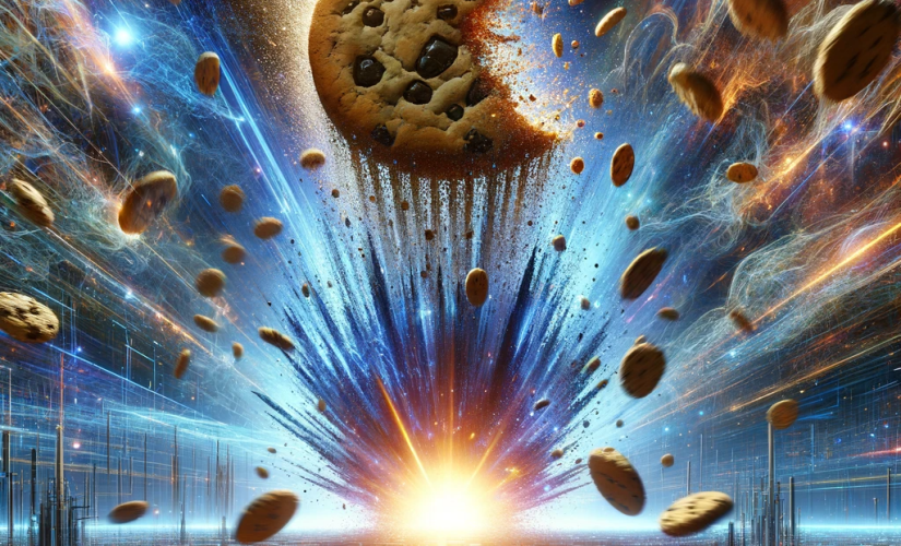 A whimsical AI-generated image of a cookie apocalypse. Edible cookies explode over a circuit board. The image represents the upcoming end of third-party cookies in Google Chrome