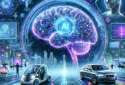 An AI generated image representing AI trends in 2024, featuring a semi-transparent brain with circuitry, surrounded by holographic displays of friendly and educational AI applications. The background is a high-tech environment with digital data streams and holographic interfaces, colored in blue, purple, and neon green.