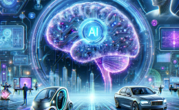 An AI generated image representing AI trends in 2024, featuring a semi-transparent brain with circuitry, surrounded by holographic displays of friendly and educational AI applications. The background is a high-tech environment with digital data streams and holographic interfaces, colored in blue, purple, and neon green.