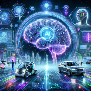An AI generated image representing AI trends in 2024, featuring a semi-transparent brain with circuitry, surrounded by holographic displays of friendly and educational AI applications. The background is a high-tech environment with digital data streams and holographic interfaces, colored in blue, purple, and neon green.