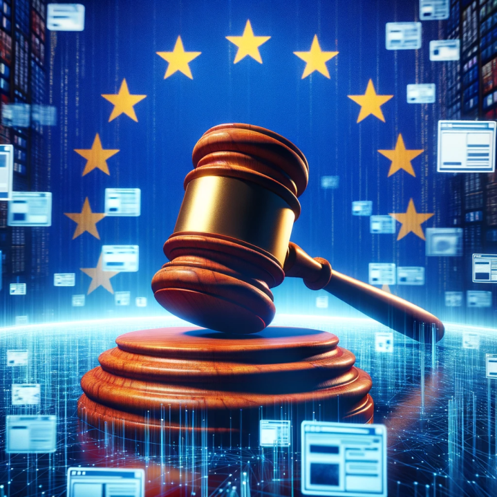 AI image which metaphorically represent the European Union's crackdown on pornographic sites. The visuals include blurred, abstract representations of adult websites in a digital landscape, with the EU flag and a symbolic gavel indicating regulatory action.