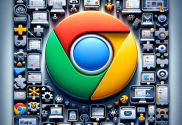 An AI generated image showcasing the range of extensions available on Google Chrome, with the central circular Chrome logo depicted and surrounded by various extension icons.