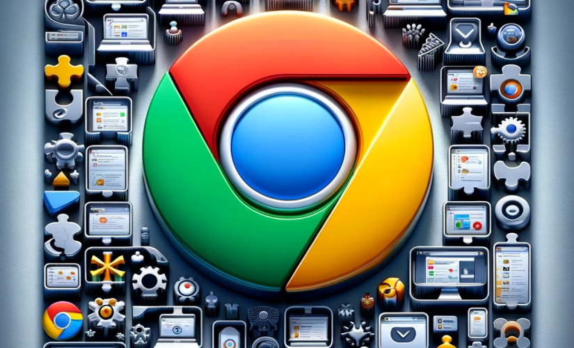 An AI generated image showcasing the range of extensions available on Google Chrome, with the central circular Chrome logo depicted and surrounded by various extension icons.