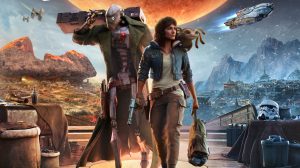 A picture of the Star Wars Outlaw game artwork. A rogueish looking woman with a pistol and a humanoid robot carrying a metal case over its shoulder walk forward with a desert world behind them on one side of the screen and a snow covered village on the other side.
