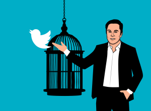 Artistic image of Elon Musk 'freeing' the twitter logo.