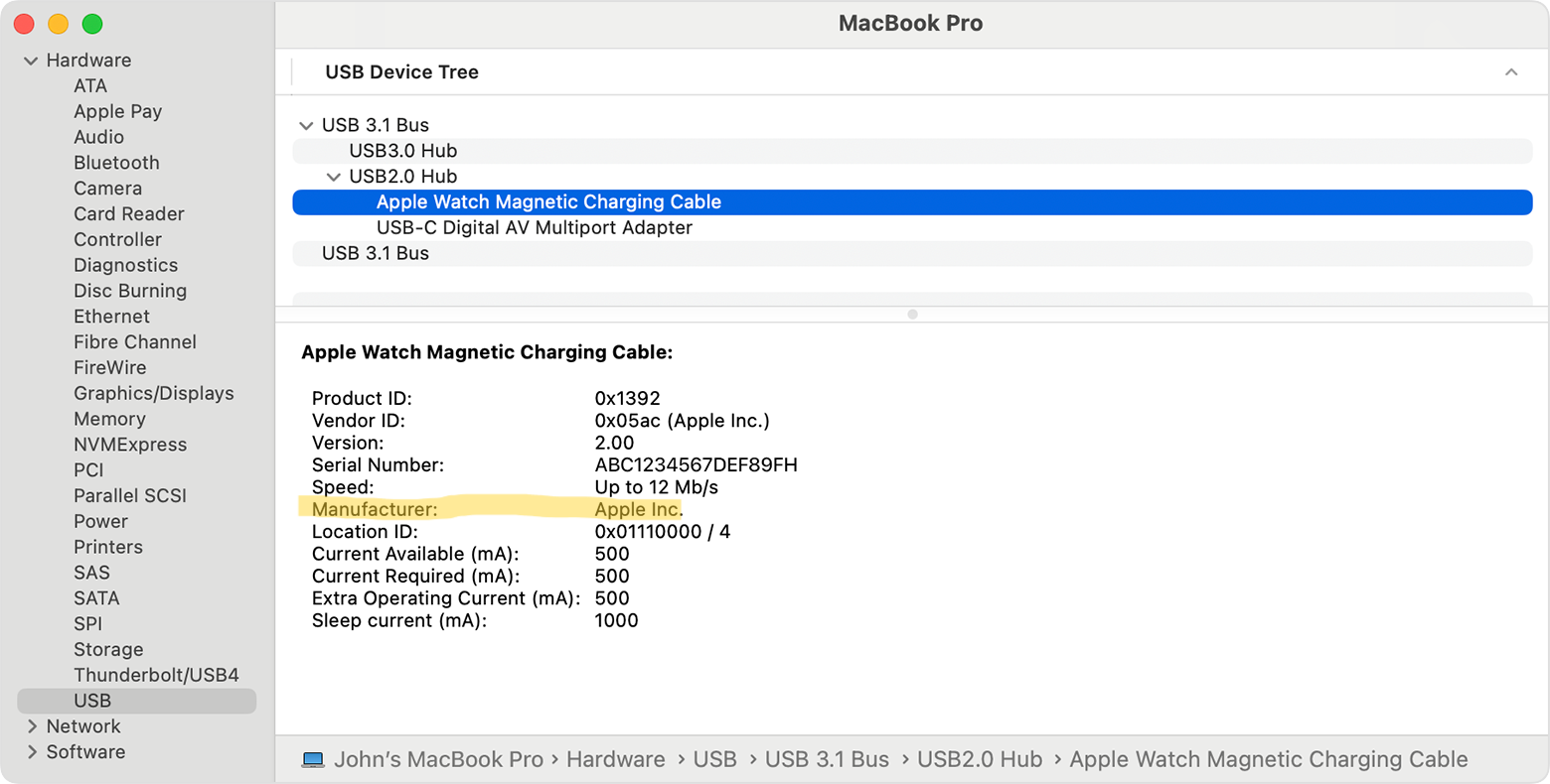 The mac interface showing Apple as the manufacturer of the Apple Watch charger