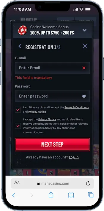 mafia casino register step 2