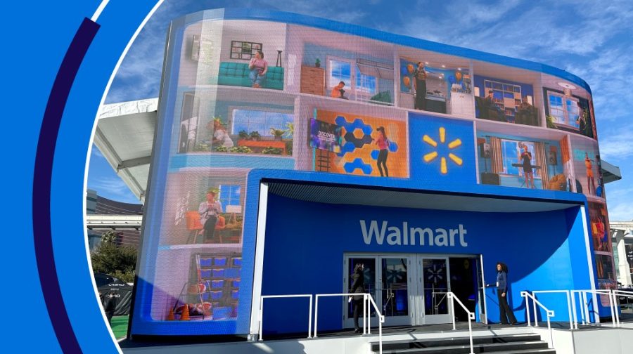 A representation of how Walmart's new AI may look. A women is walking into a Walmart store and all around the entrance are screens showing people using different Walmart products.