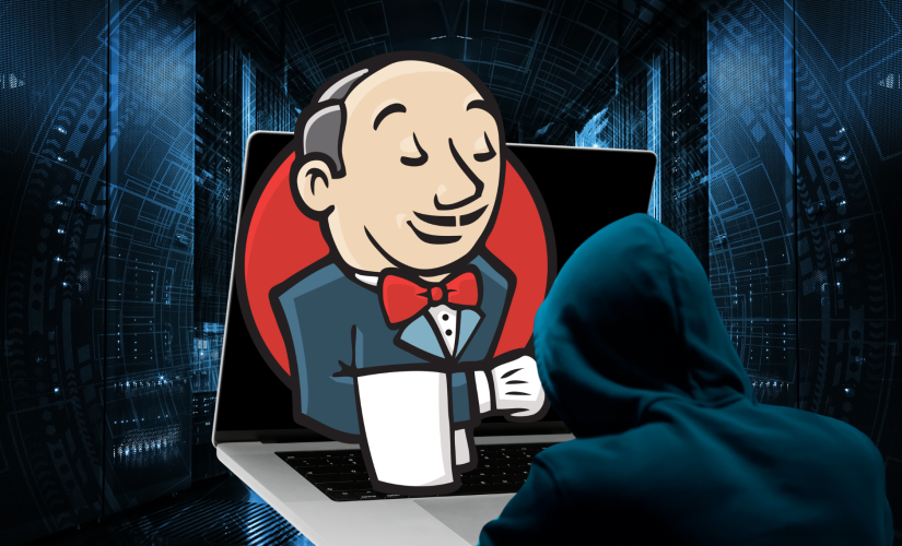 Around 45k Jenkins servers still vulnerable to attacks due to critical flaw. Hacker in black hoodie on laptop with Jenkins butler logo image on screen and room of servers in the background.