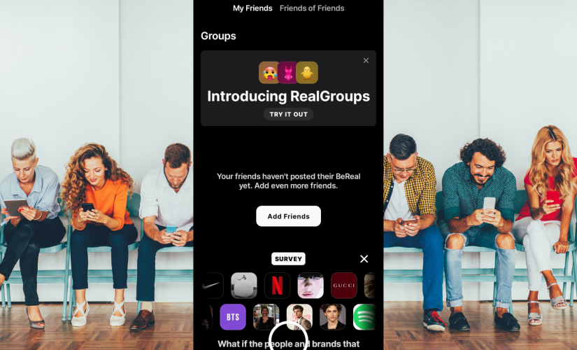 BeReal introduces influencer feature in bid to boost engagement. Group of people sit on bench looking at phone with screenshot of BeReal app in front.