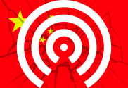China claims breakthrough in identifying Apple AirDrop users. Apple AirDrop circles in white in front of glass cracked image and red and yellow flag of China in the background.