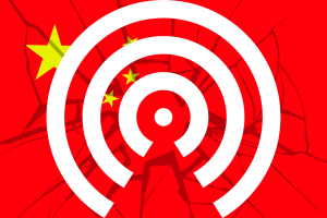 China claims breakthrough in identifying Apple AirDrop users. Apple AirDrop circles in white in front of glass cracked image and red and yellow flag of China in the background.