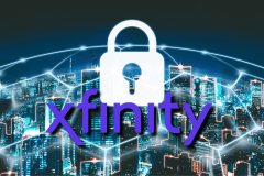 Comcast's Xfinity stores sensitive customer data - how to opt out. Xfinity logo written in purple in front of white lock and futuristic data centre