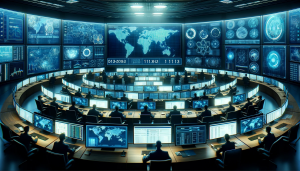 Image of a digital cybersecurity operations center, equipped with multiple screens displaying network data and maps, symbolizing the FBI's active monitoring against Chinese hacking threats.