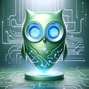 A creative reimagining of the Duolingo logo, as green owl, designed to appear as if it powered by AI.